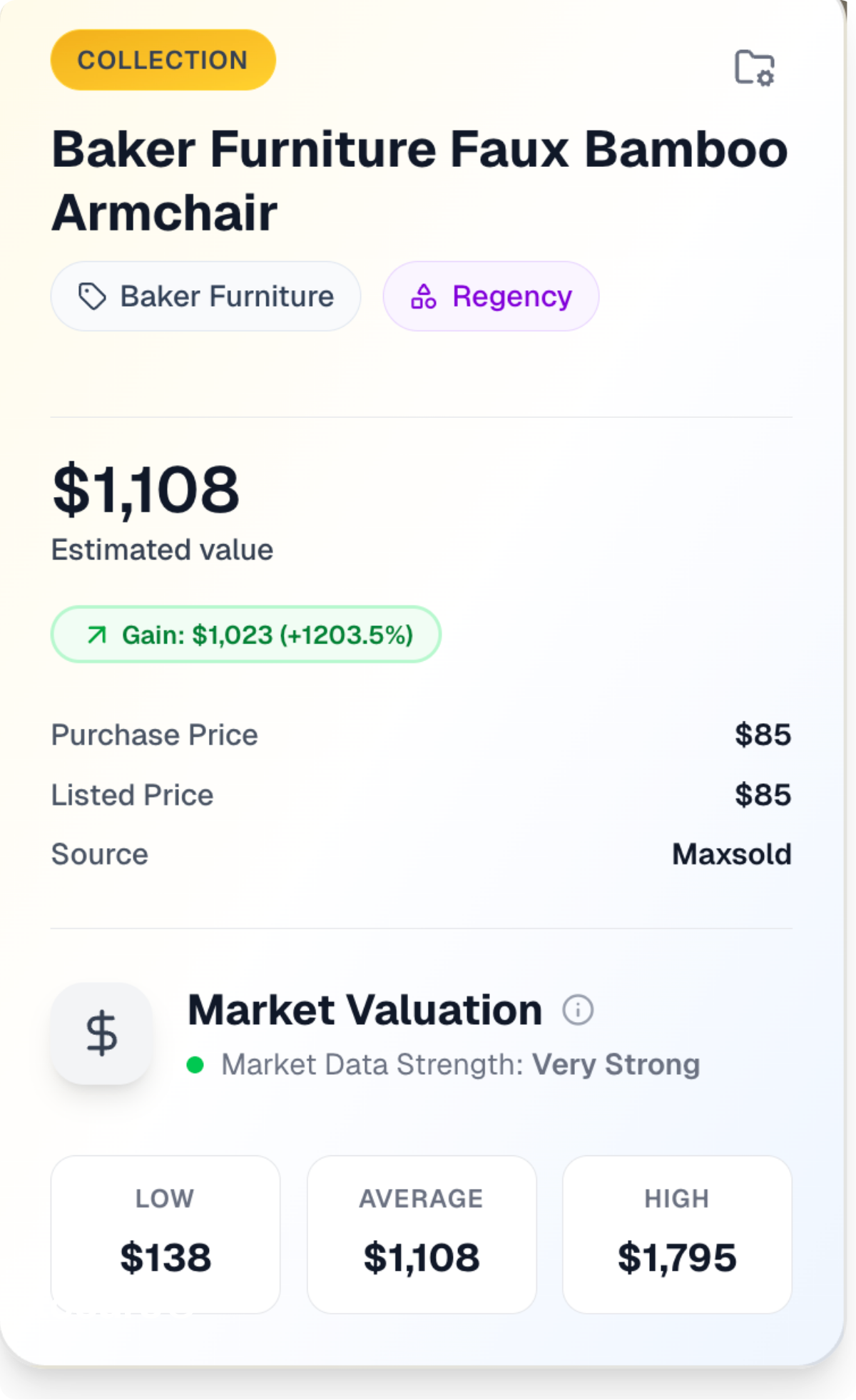 Tocuro's valuation results confirming the chair's actual market value of $1,000+—the moment that sparked the idea for the app