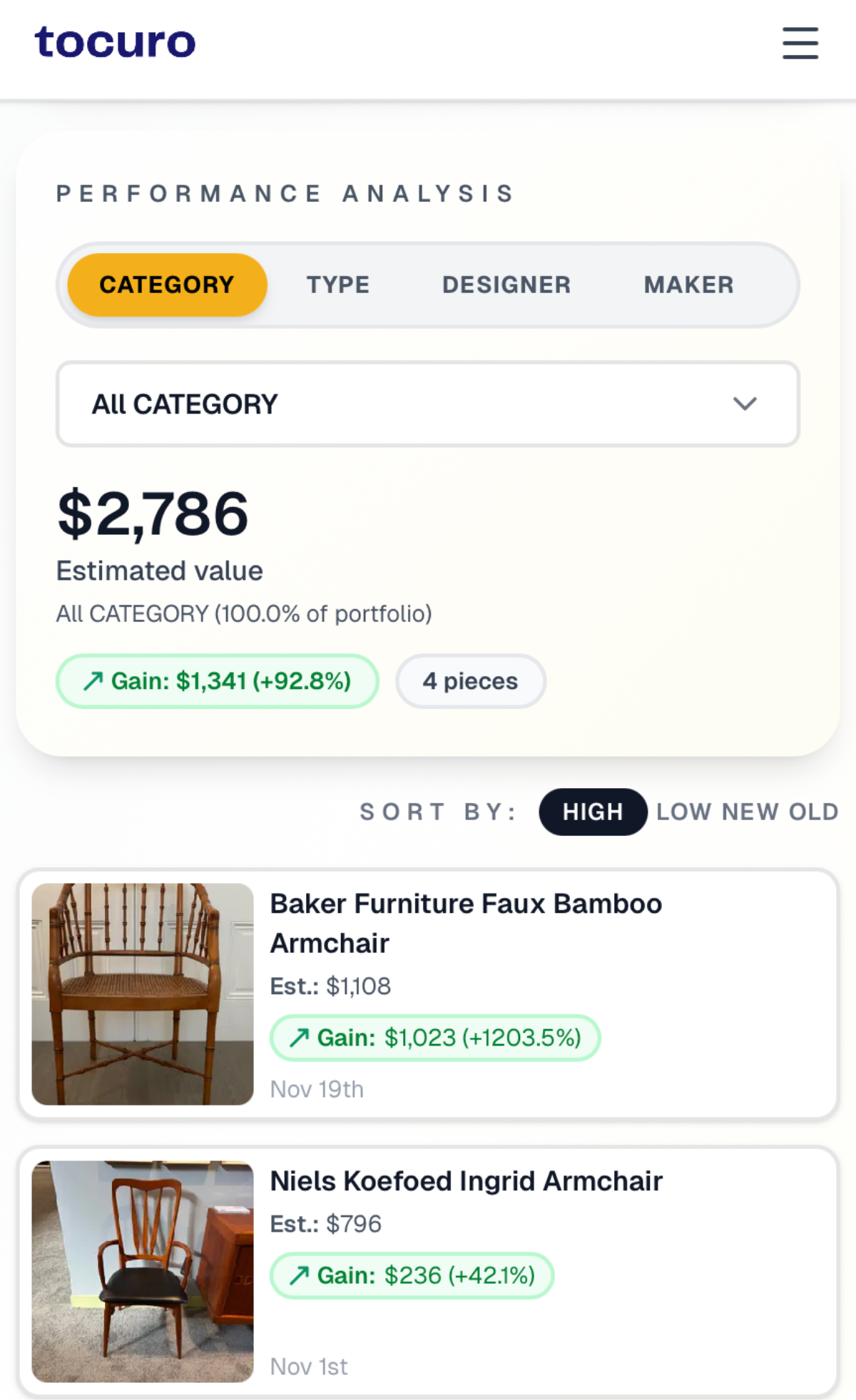 Tocuro's dashboard view displaying the total estimated furniture value of my collection —see all your pieces, their current market prices, and your gains at a glance, making it easy to manage your collection
