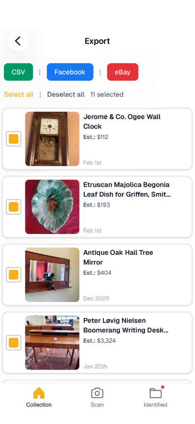 Export screen with CSV, Facebook, and eBay buttons and items selected with checkboxes.