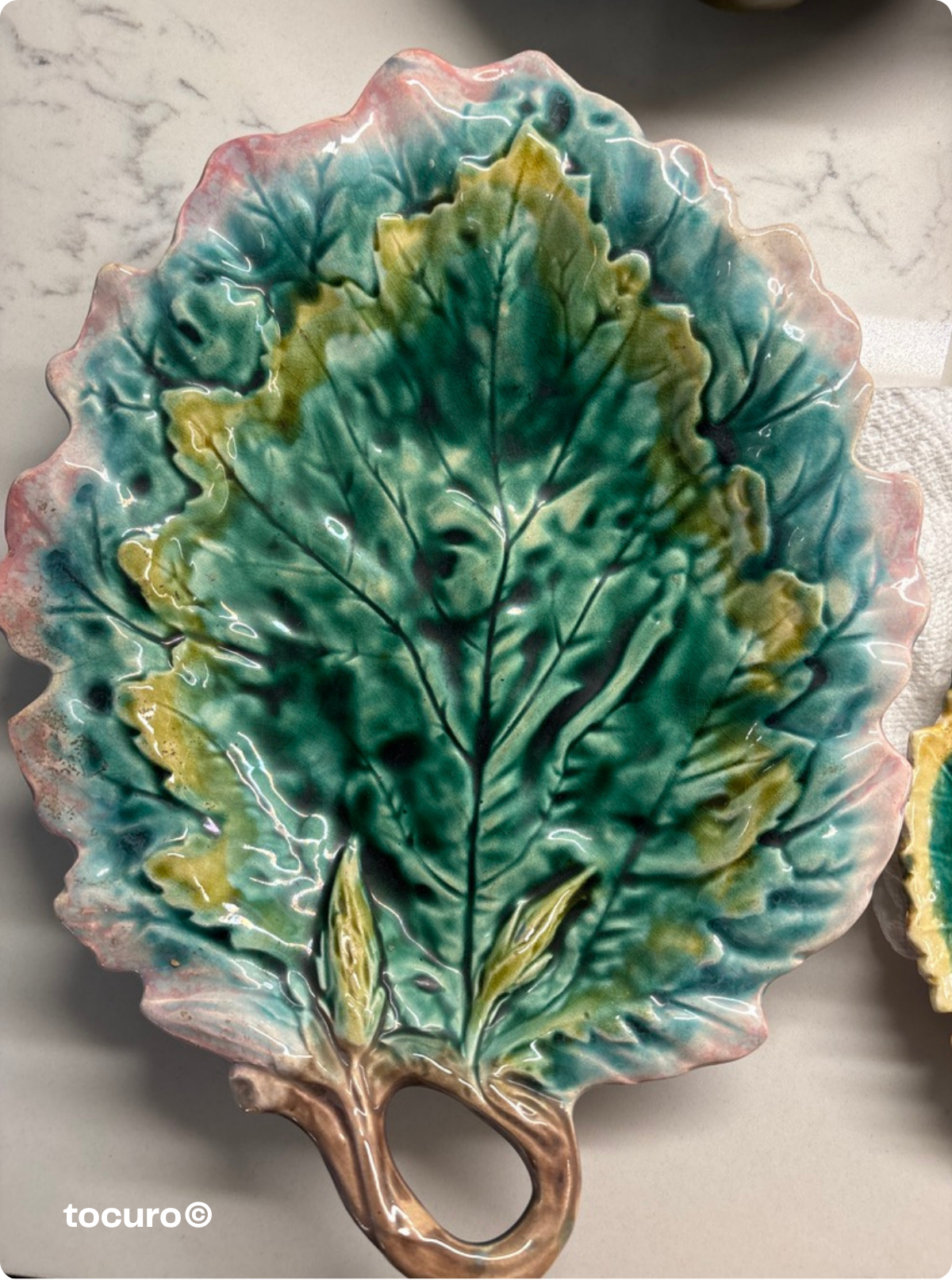 An Etruscan Majolica leaf dish in turquoise glaze—found at the same sale as my Bordallo Pinheiro pieces, this Victorian-era ceramic shows how following color connections leads to unexpected collection pairings