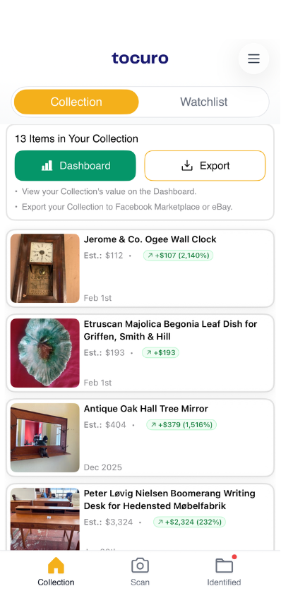 Collection screen with Export button visible next to Dashboard.