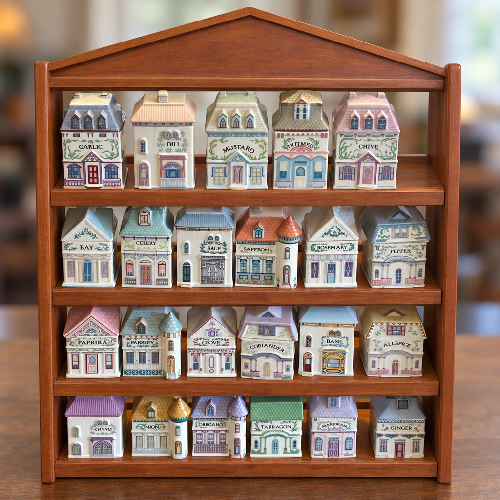 Lenox Spice Village porcelain house spice jars lined up on four shelves of a peaked wooden rack